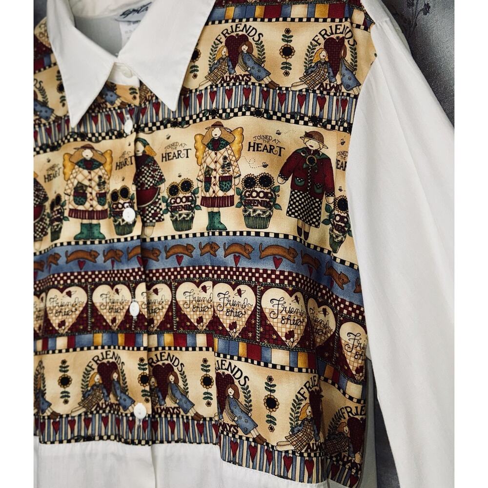 VTG 90s Tap & Co Women XL Button White Shirt Friends Garden Cats‎ Angel Cottage - Picture 2 of 7